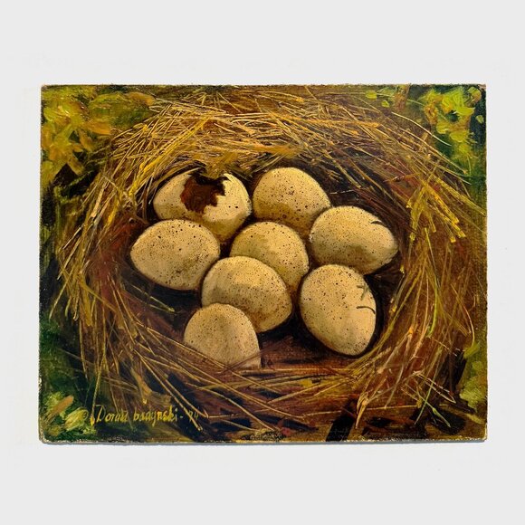 Donna Badynski 1974 Small Realistic Still Life Bird Nest Painting